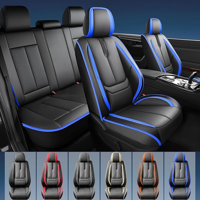Fit Kona Car Seat Covers for Hyundai Kona 2018-2024 2025 2026 -Upgraded Premium Waterproof & Breathable Leather,Airbag Compatible,All-Weather Seat Cushion Protector,2 Front/Black-Blue