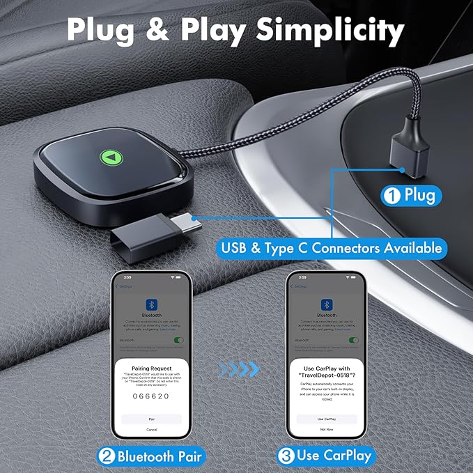 Travel Depot Wireless CarPlay Adapter for iPhone, Converts Wired to Wireless Adapter CarPlay, Plug & Play for Apple Car Play, Fast Auto Connect Bluetooth Dongle Car Streaming Device, Fits 800+ Models