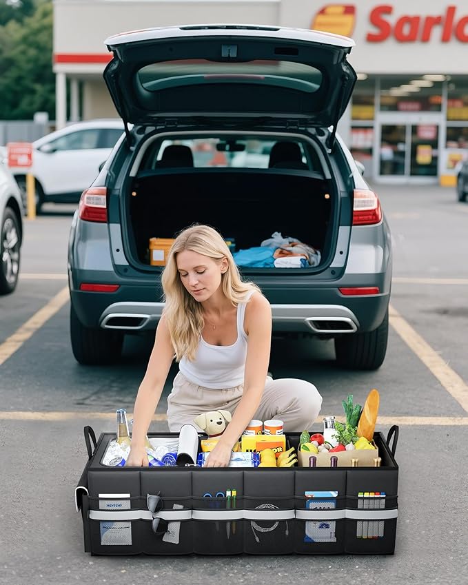 HOTOR Trunk Organizer - Car Organizer with Built-In Leakproof Car Cooler, Collapsible Trunk Organizer with Cooler for Car, SUV, Sedan, with Base Panel (3 Compartments, Black),31.9"×12.6"×10.6"