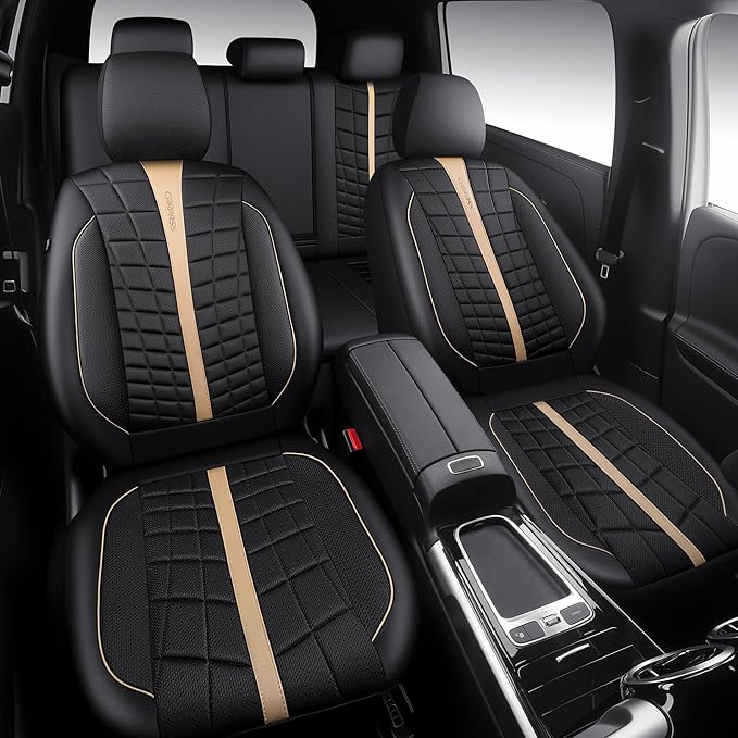 CAR PASS 3D Foam Mesh Leather Car Seat Covers Full Set, Breathable Premium Leather Seat Covers for Car,Anti Slip Universal Fit for Trucks Cars Sedans Vans SUVs, Airbag Compatible, Black Beige