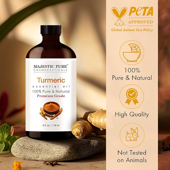 Majestic Pure Essential Oil with Glass Dropper - 100% Pure and Natural - Essential Oils for Diffuser, Aromatherapy, Soap and Candle Making, Turmeric Essential Oil, Turmeric Oil, 4 Fl Oz