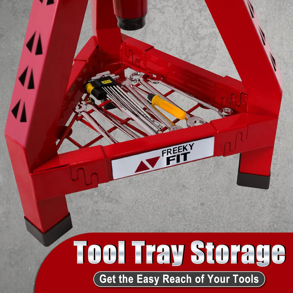 Adjustable Shop Stool,Garage Mechanic Stool Chair,Work Seat for Workshop, Adjustable Height, 360° Swivel Padded Square Seat,Tool Storage, 350 LBS Capacity, Heavy Duty, Red