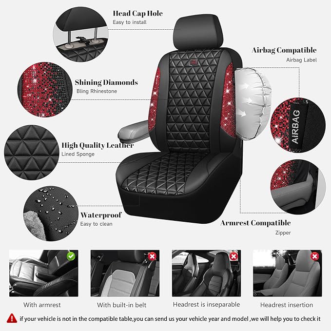 CAR PASS Bling Diamond Black Leather Car Seat Covers for 2 Front Interior Sets, Waterproof Shining Glitter Sparkly Crystal Universal Armrest Fit Automotive Truck SUV Cute Women Girl, Red Rhinestone