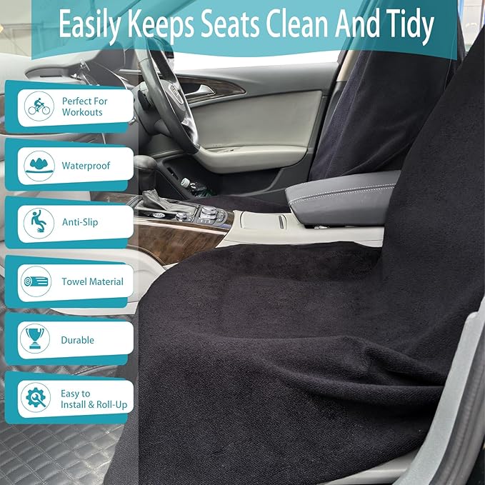 Car Seat Covers Universal Car Protective Front Seat Covers Washable Non-Slip Seat Protectors for Gym Workouts,Waterproof and Sweatproof Towel Seat Covers for Cars,Trucks, Jeeps (2 Pack Black)