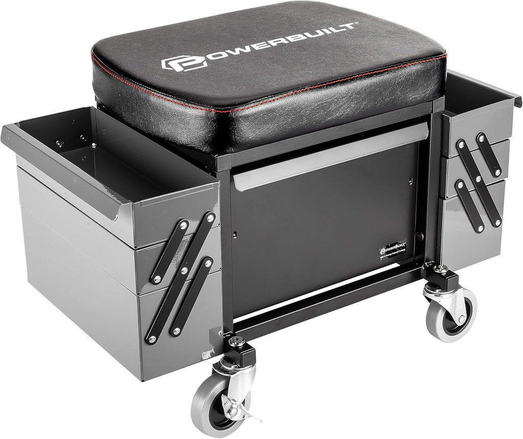 Powerbuilt Rolling Seat with Expandable Tool Trays, Roller Toolbox Garage Stool - Grey 941918ECE
