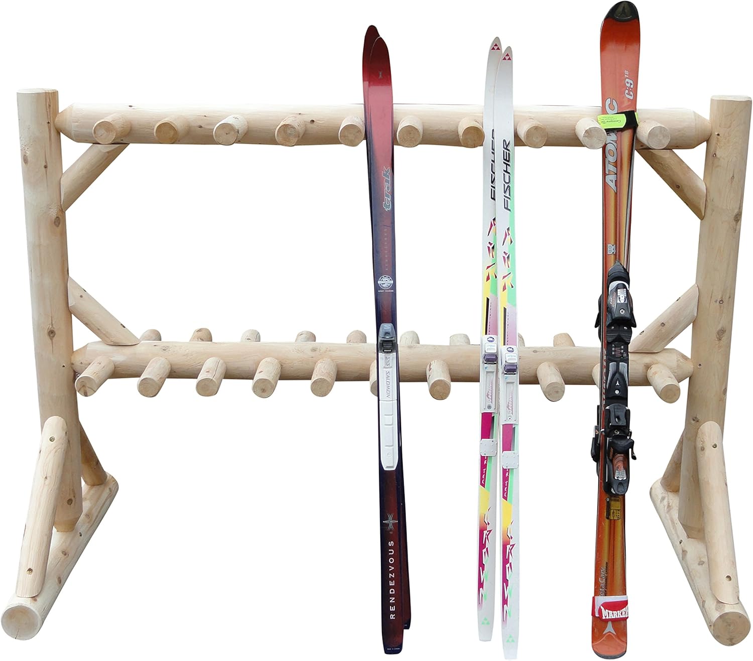 17-Place Freestanding Log Ski Rack Holder, Indoor & Outdoor Snowboard Racks, Standing Storage, Garage Racks for Snow Skis, Durable Snowboard Rack Garage Storage Organizer - Unfinished + 15" Anchor Kit