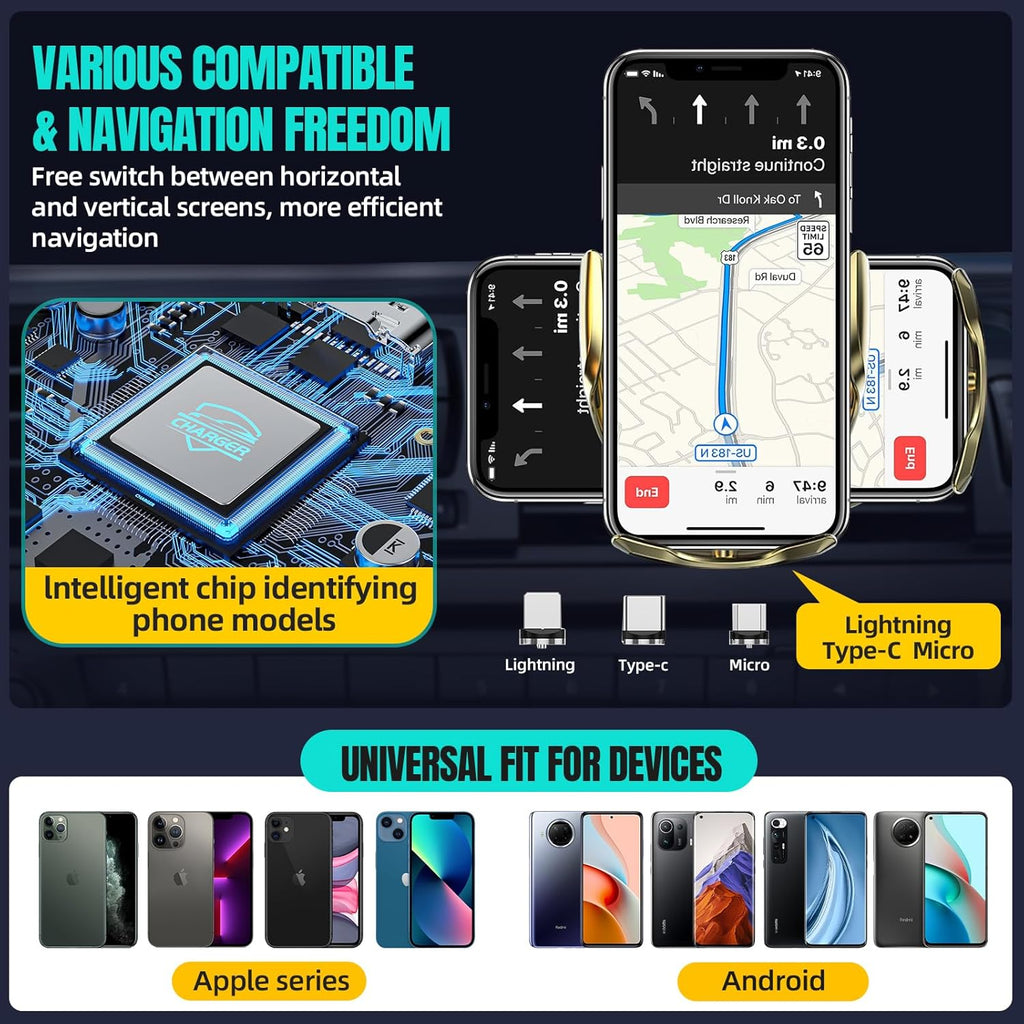 Wireless Car Charger, MAX 15W Fast Charging Auto Clamping, Sensing Phone Holder Mount, fit for iPhone 16 15 14 13 12 Pro Max Xs X, Samsung Galaxy S24 Ultra S23 S22 S21 S20 Note20 (5-Golden)