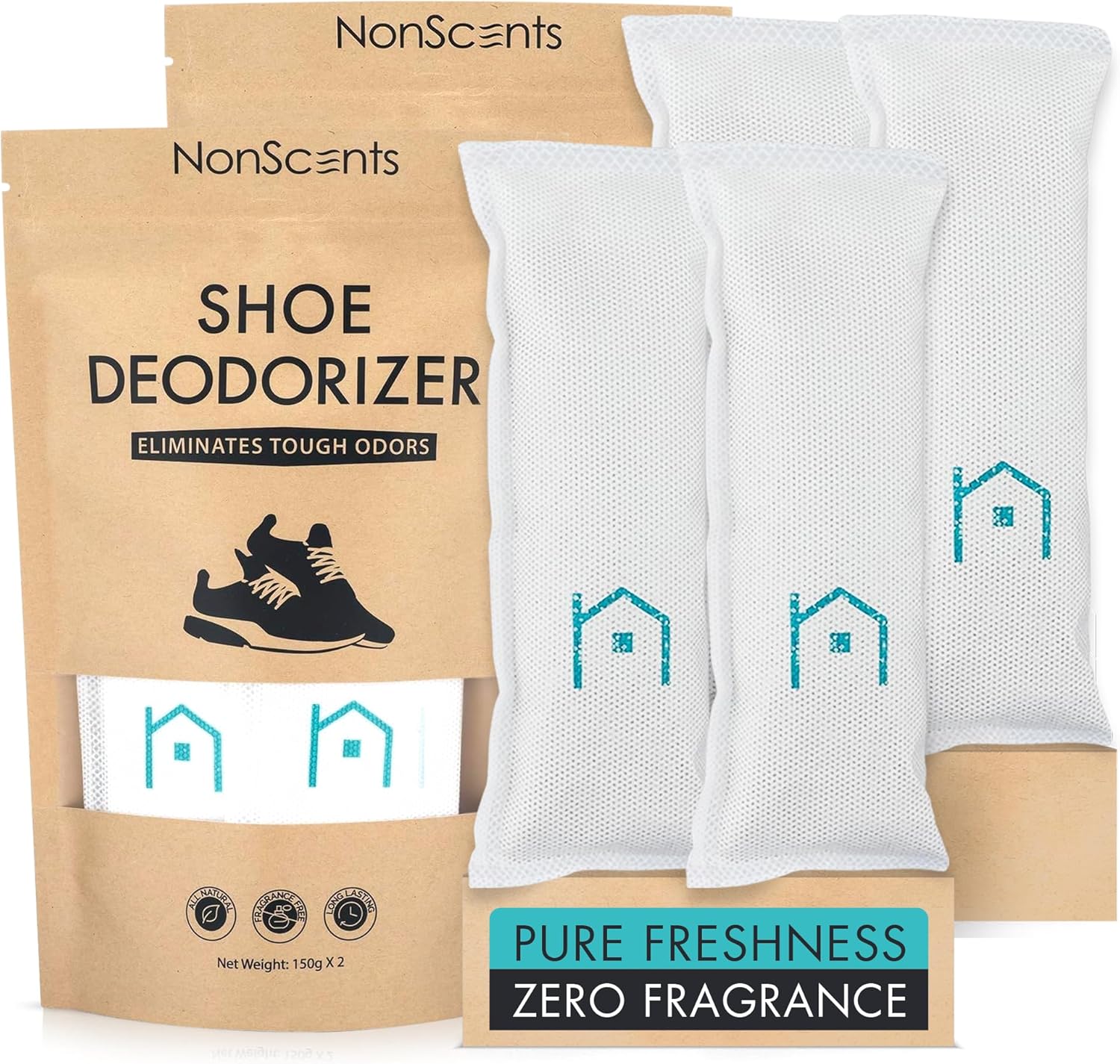 NonScents Shoe Deodorizer 2-Pack (4 Count) - Odor Eliminator, Air Freshener, Smell Absorber, Scent Remover for Shoes, Gym Bags, Soccer Cleats, Closets, Pet Area, Reusable - Shoe Deodorant