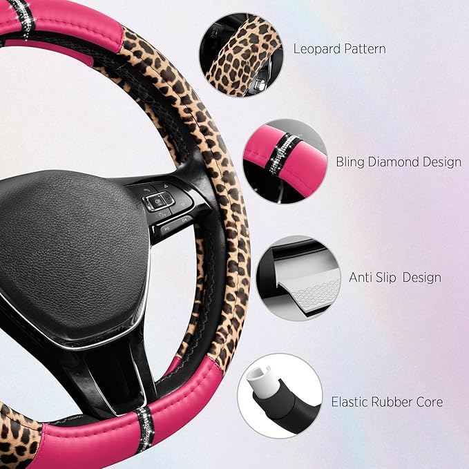 Road Comforts Leopard Steering Wheel Cover - Made with PVC Leather Cheetah Print, D-Shaped Automotive Steering Wheels - Anti-Slip, Universal Fit 14 1/2 inches to 15 inches - HotPink