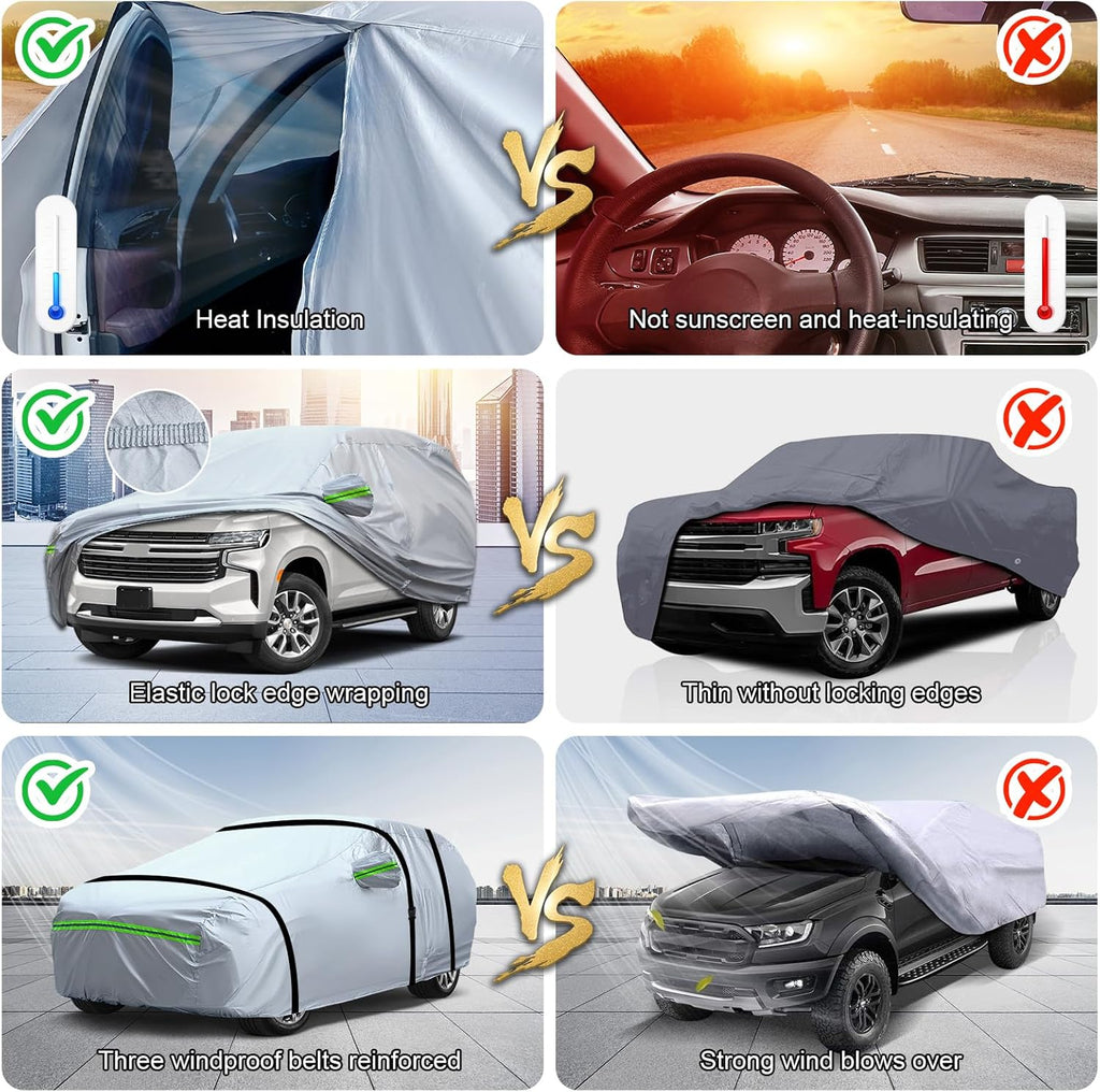 TUCAREST 6-Layers Heavy Outdoor Pickup Full Car Cover Hard Shell Zipper Design Waterproof All Weather Weatherproof UV Sun Protection Snow Dust Storm Resistant with Straps (Fit for UP to 213"-237")