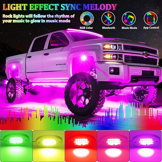 10 Pods RGB LED Rock Lights, Underglow Multicolor Neon Light Kit Wheel Well Light with APP Control & Music Mode, Under Glow Lights for Trucks,Jeep,SUV,Golf Cart,ATV,Pickup Off Road,12 V