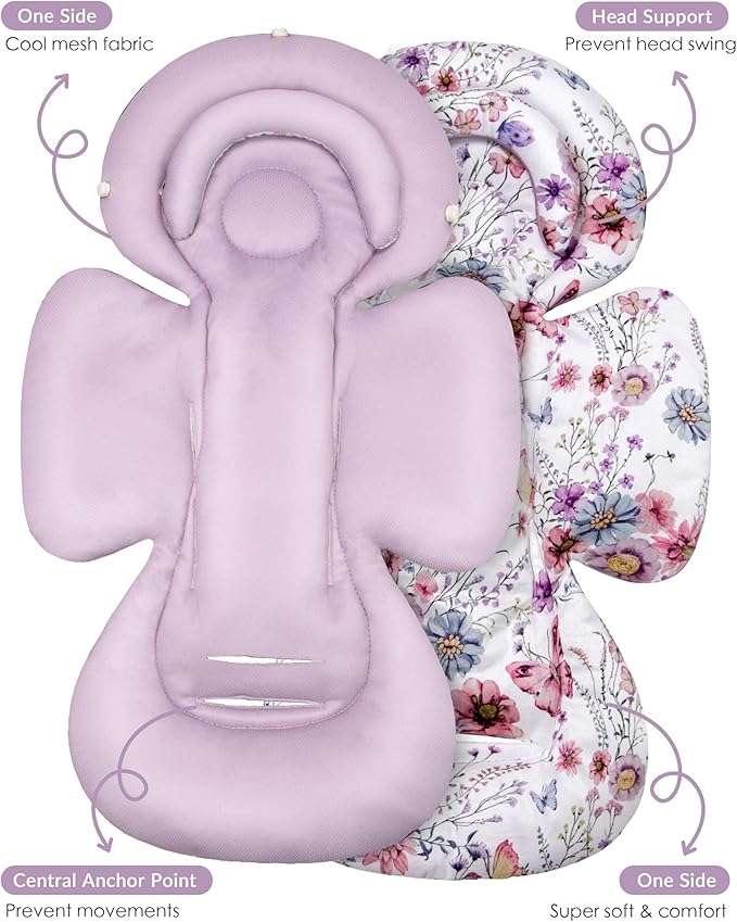 Infant Car Seat Insert with Extra Cushion for Preemie to Toddler, Reversible Newborn Carseat Insert for Baby Head Body Support, Fits for Stroller, Baby Swing, Bouncer (Purple Wildflower)