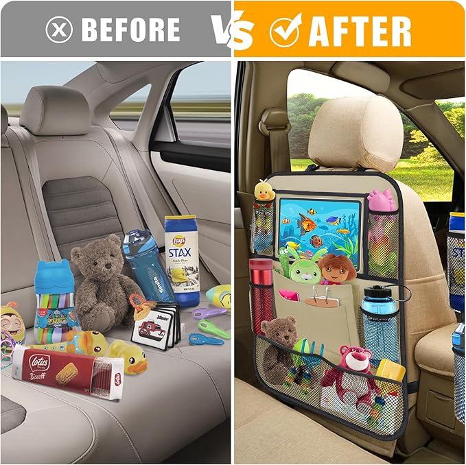 ULEEKA Car Backseat Organizer with 11" Table Holder, 10 Storage Pockets Seat Back Protectors Kick Mats for Kids Toddlers, Travel Accessories, 2 Pack, Beige