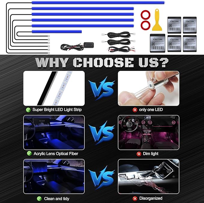 RGB Acrylic Interior Car LED Strip Light with Wireless APP, Car Accessories 6 in 1 with 175 inches 593 LEDs Fiber Optic Ambient Lighting Kits, Dynamic Music Sync Neon LED Strip Light for Car