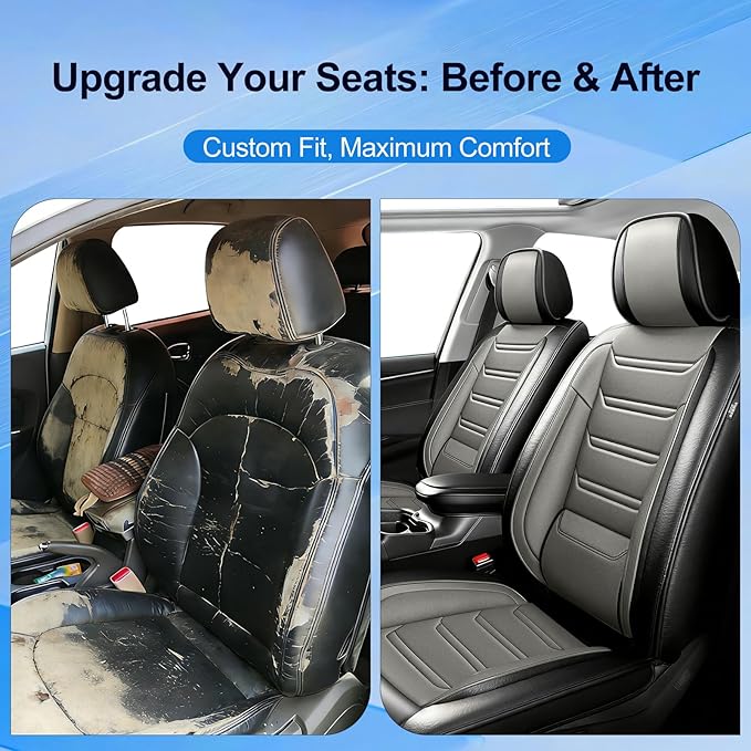Fit Bolt Car Seat Covers for Select Chevrolet Bolt/Bolt EUV 2017-2025, Premium Full Coverage Leather, Airbag Compatible, Waterproof All Weather Seat Cushion Protector, Front Pair Black+Gray
