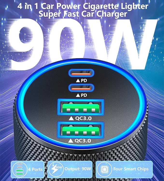 Car Charger USB C, Stuffcool 90W PD Dual USB-C & USB-A Car Power Adapter 4 in 1 PD/QC Type C Fast Charge Cigarette Lighter Adapter USB Charger for iPhone 17 17 Pro 16 15 14 13 12/Galaxy S26 S25/Pixel