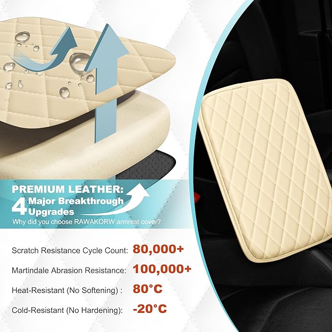 Center Console Cover Fit for Kia Sorento 2003-2025 with 2 Storage Bags Waterproof Leather Quilted Pattern Car Armrest Cover Cushion Anti - Slip(Beige&White Line)