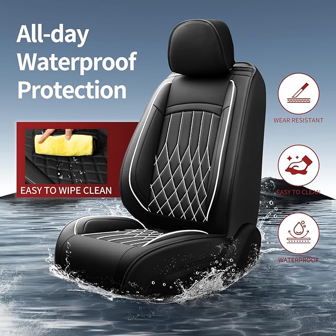 Fit Elantra Car Seat Covers for Hyundai Elantra 2017-2025 2026 - Premium Leather, Waterproof, All-Weather, Airbag Compatible, Anti-Slip, Breathable, Seat Protectors, Full Set, Whiteline