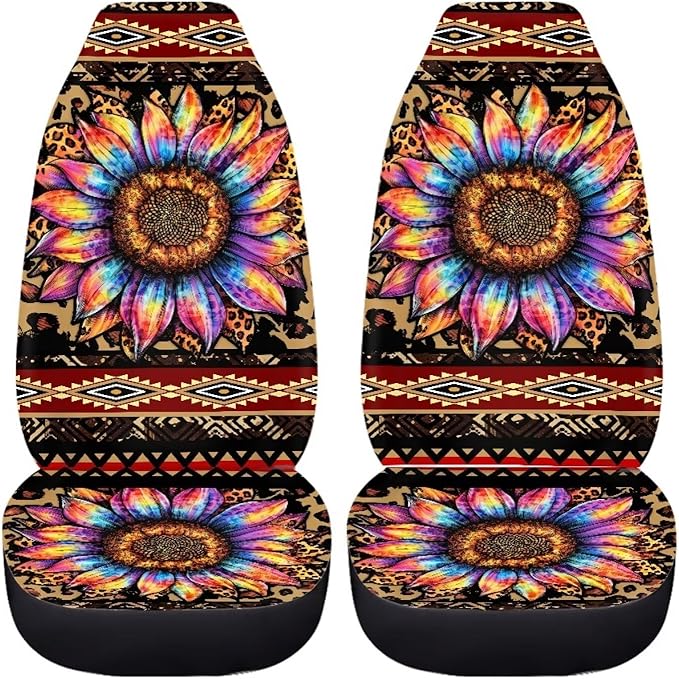 BIGCARJOB Native Tribal Sunflower Car Seat Covers Set Universal Car Interior Seat Rugs 2 Pcs Aztec Sunflower Auto Front Seat Protector Set Sunflower Car Accessories
