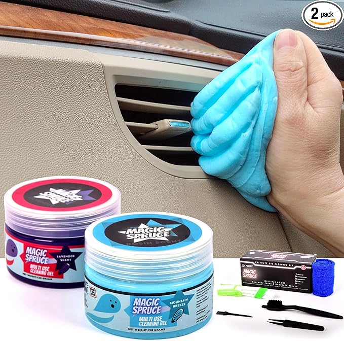 MAGIC SPRUCE Car Cleaning Gel,2 Pack Car Cleaning Putty with 4 Anti- Static Brushes, Vent Cleaner Duster Tools, Auto Dust, Pc Laptop, Keyboard, Car Interior Cleaning Kit Automotive Cleaning Supplies
