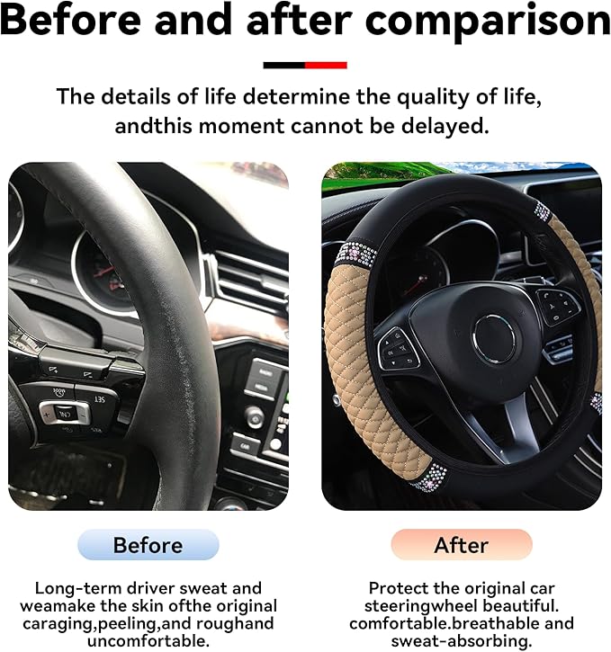 Bling Car Steering Wheel Cover, 15 Inch Rhinestones Soft Leather Elastic Steering Wheel Protector, Sparkly Crystal Diamond for Women Girls, Car Interior Accessories for Most Cars (Beige)