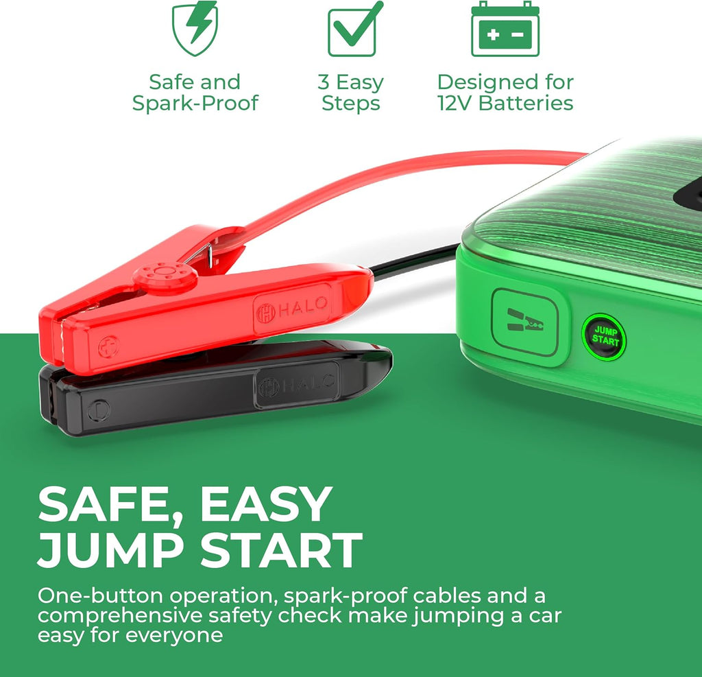 HALO Bolt Ultimate 3 Portable Car Battery Jump Starter | 130 PSI Air Compressor, 55.5Wh USB Power Bank, Large Display, Emergency Floodlight & Charger, Jumps Cars SUVs & Trucks, Inflates Tires — Green
