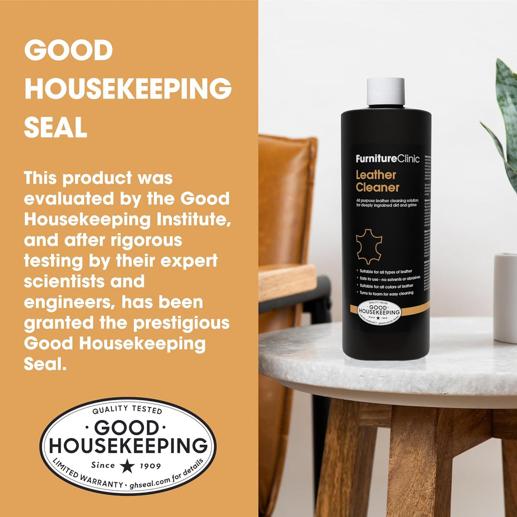 Furniture Clinic Leather Cleaner | Non-Toxic | Removes Dirt & Grime | All-Purpose Cleaning Solution for Couches, Car Seats, Purses, Shoes & Saddles | Restores All Leather Types | 17oz / 500ml