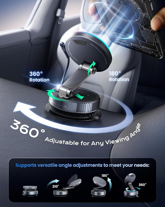 Magnetic Phone Charging Holder Mount for Magsafe Car Mount Charger, 15W Fast Charger Wireless [108+LBS Suction & 3800gf Magnetic], 360° Adjustable Vacuum Holder for iPhone 12-17 series (with Adapter)
