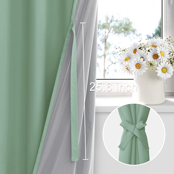 XWZO 100% Blackout Curtains 2 Panels with Tiebacks- Heat and Full Light Blocking Window Treatment with Black Liner for Bedroom/Nursery, Grommet Top, Light Sage, W52 x L63 Inches Long, Set of 2