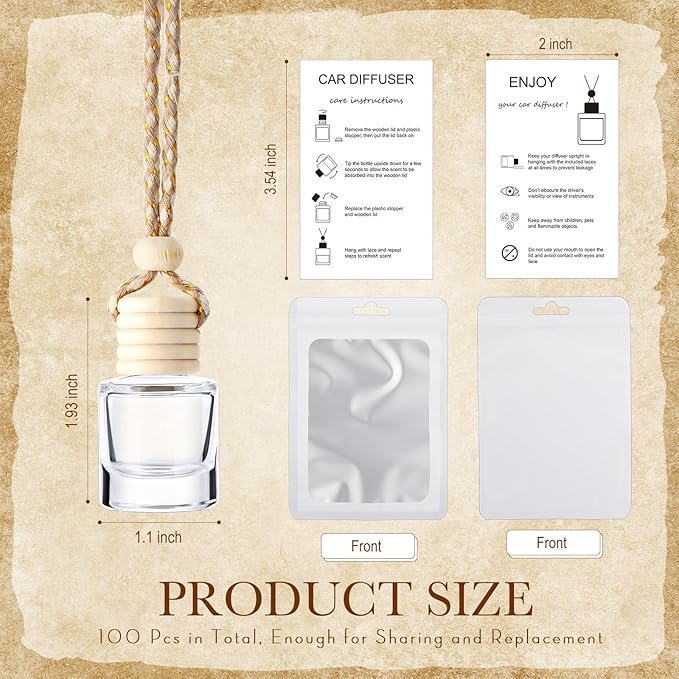 Boao 200 Sets Hanging Car Air Freshener Diffuser Bottles with Instruction Card and 4 x 6'' Resealable Holographic Bag for Empty Car Essential Oil Perfume Bottles Packaging (Cylinder)