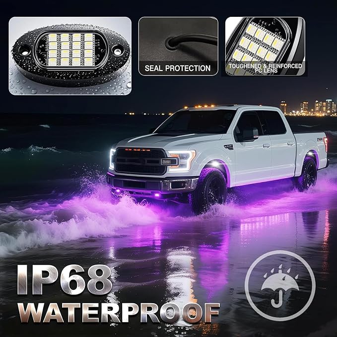 4 Pods RGBW LED Rock Lights, RGB with Pure White Rock Light for ATV UTV Golf Cart RZR SXS Truck Offroad SUV Car Underbody, 12V Waterproof Multicolor Underglow Kit with APP/RF Remote Control Sync Music