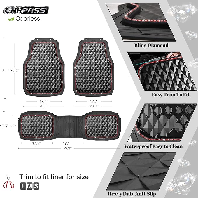 CAR PASS Bling Diamond Rubber Car Mats, Heavy Duty Deep Dish All-Weather Floor Mat Full Set Anti-Slip 3D Rhombus Waterproof Trim to Fit Liner Universal Glitter Sparkly Shining Rhinestone, 3 Pcs Red