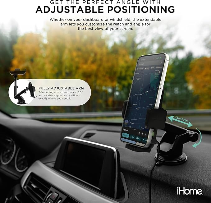 iHome Car Mount, Dashboard/Windshield/Vent Mount, Swivel Neck, Silicone Grip, Adjustable Mount Arm with Suction Cup Base (Wireless Charging Car Mount)