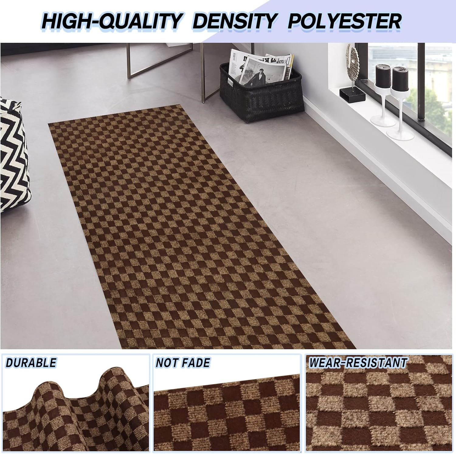 Custom Size Backed Non-Slip Area Rugs Runner, Easy Clean, Waterproof Runner Rugs for Hallway Entryway, Kitchen, Laundry, 3FT x 22FT, Brown Checkered
