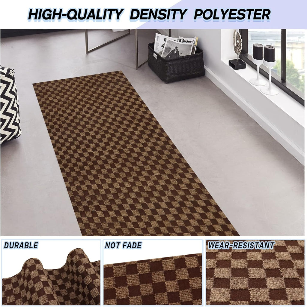Custom Size Backed Non-Slip Area Rugs Runner, Easy Clean, Waterproof Runner Rugs for Hallway Entryway, Kitchen, Laundry, 3FT x 27FT, Brown Checkered