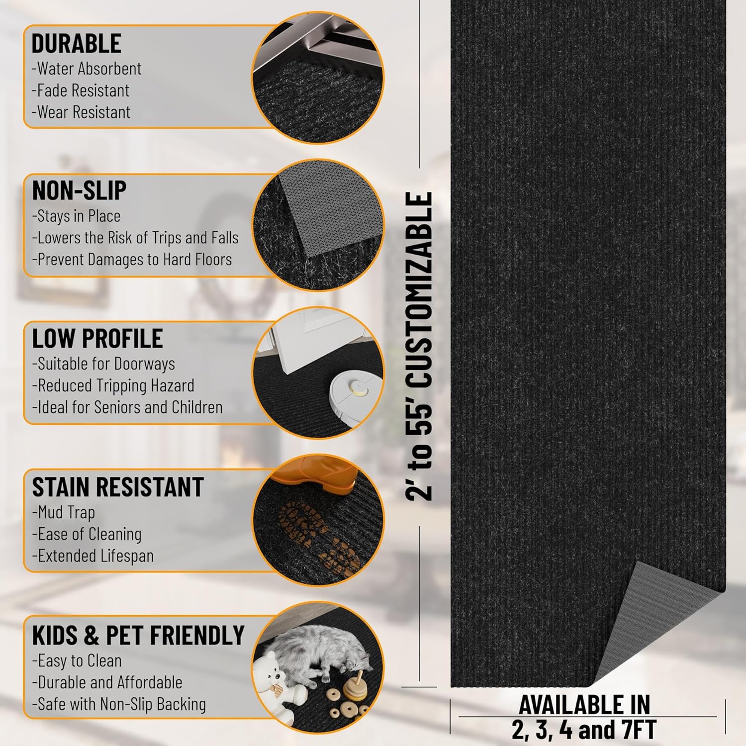 Ottomanson 2'7" x 27' Hallway Runner with Scraper Pile - Extra Durable Non-Slip Rug Mat for Indoor & Outdoor Use - Ideal for Kitchen, Entryway & Garage - High-Traffic Carpet, Black