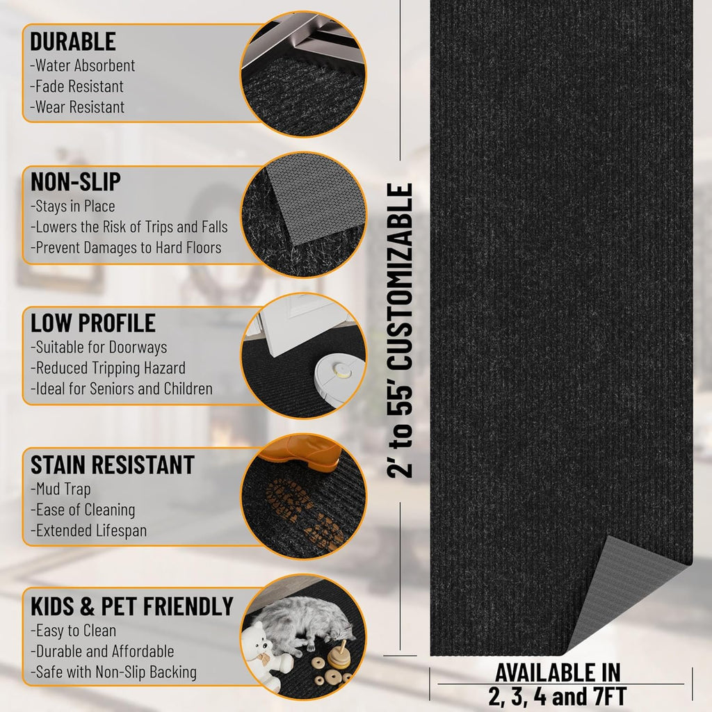 Ottomanson 2' x 22' Hallway Runner with Scraper Pile Extra Durable Non-Slip Rug Mat for Indoor & Outdoor Use - Ideal for Kitchen, Entryway, Patio & Garage - High-Traffic Carpet, Black
