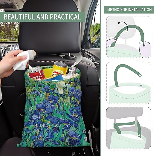 Cute Car Trash Can, Hanging Canvas Car Back Seat Organizer and Storage Bag, Funny Car Trash Bag For Travelling, Outdoor Abstract Green Blue Flower