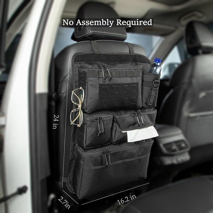 6 Pack Tactical Molle Car Seat Back Organizer - Tactical Vehicle Panel Organizer with 5 Detachable Molle Pouch,US Flag Patch and Keychain,Great Trunk Accessories for Man