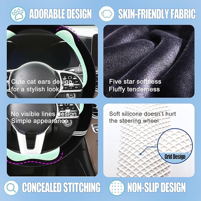 Furry Cute Steering Wheel Cover, Soft Fluffy Short Plush Auto Accessories, Non-Slip Cold-Proof Sweat-Proof Colorfast, Universal 15 inch(Black with Green)