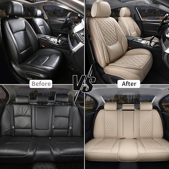 Car Seat Covers Front Seats, Luxury Faux Leather Car Seat Covers Waterproof Non-Slip Seat Protector Universal Fit for Most Cars SUVs Trucks Pick-ups, Beige Car Accessories Interior