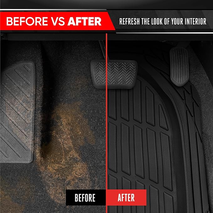 Motor Trend FlexTough Contour Liners Deep Dish 3 pc Rubber Floor Mats & Trimmable Trunk Liner Cargo Mat - Heavy Duty All Weather Protection Car Mats with Traction Grips Car Accessories (Black)