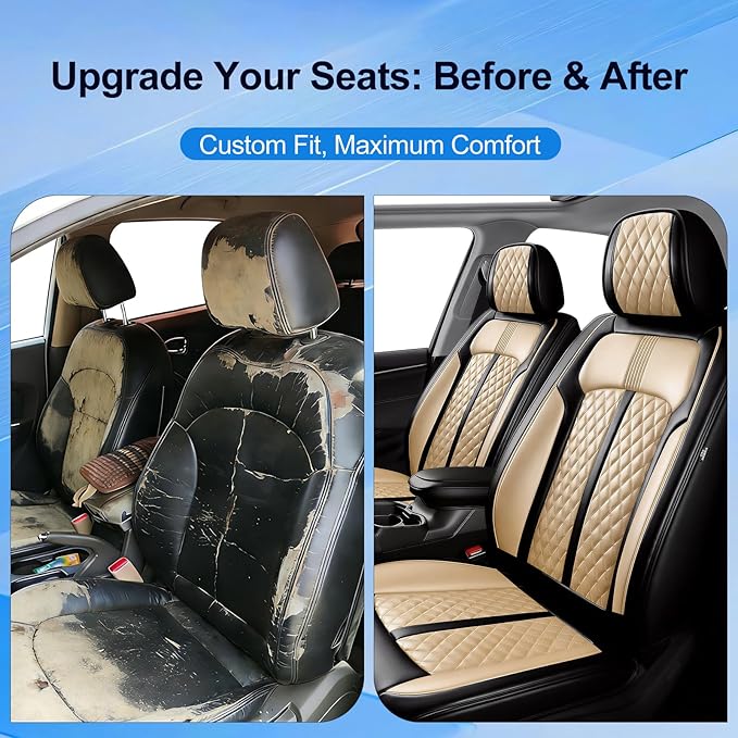 Fit Impala Car Seat Covers for Chevrolet/Chevy Impala 2000-2020, Premium Full Coverage Leather, Airbag Compatible, Waterproof All Weather Breathable Seat Protector, Full Set, Black+Beige