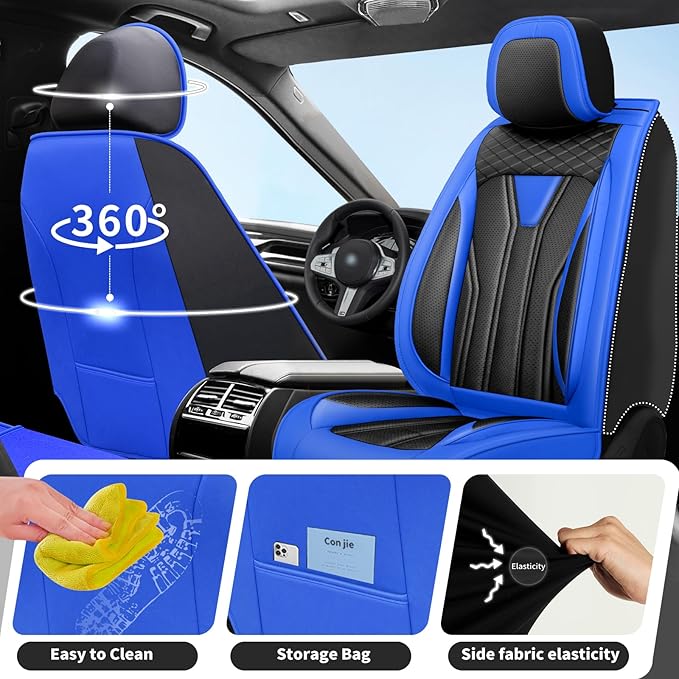 Fit Prius Car Seat Covers for Toyota Prius 2001-2026 -Premium Leather, Waterproof Stain-Resistant, Breathable，All-Weather Seat Cushion Protecto & Airbag Compatible, 2 Front Seat Blue & Black