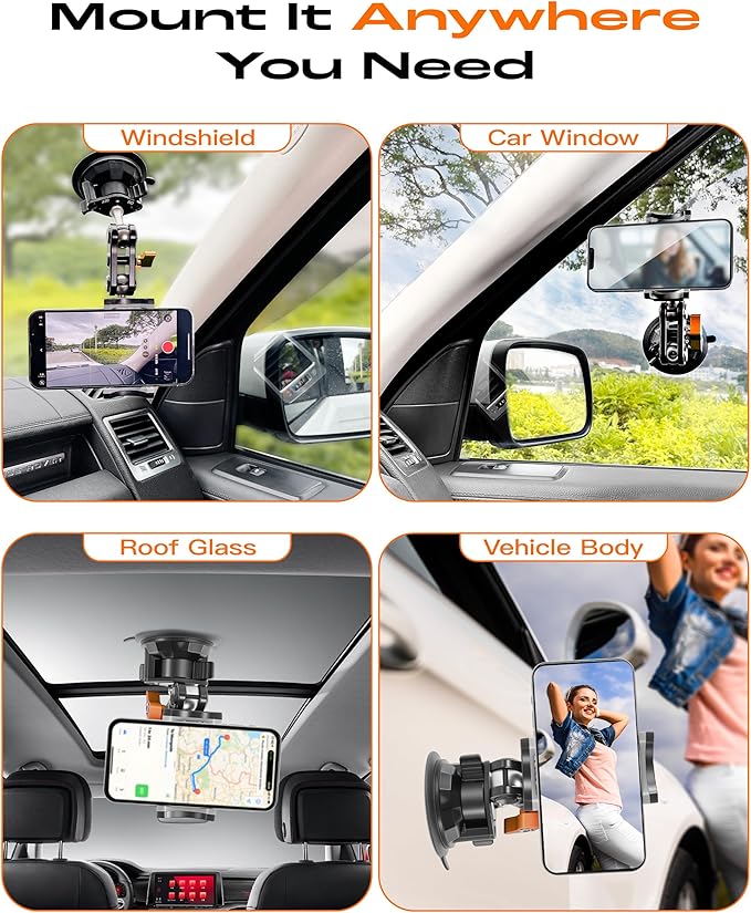 chubbycable ChubbyGrip Car Phone Holder 360° Adjustable Cell Phone Car Mount Ultra-Durable Metal Car Phone Mount for Windshield, Suction Cup Phone Mount for iPhone Samsung All Smartphone, Clamp