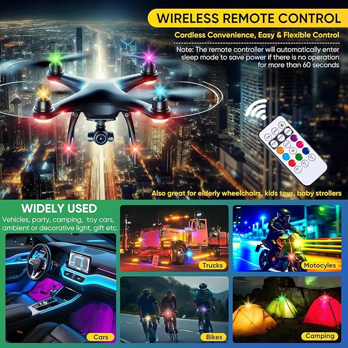 6PCS Wireless LED Lights with Remote Control, Upgraded 4LEDs 8 Colors, Interior Underglow Anti Collision Warning Strobe Light for Car Motorcycle Bike