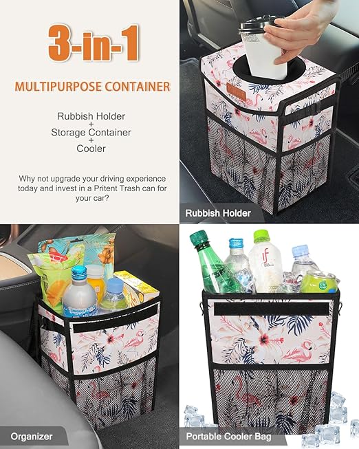 Pritent Car Trash Can with Lid, Cute Leakproof Car Trash Garbage Bag Hanging Vehicle Trash Bin Small Portable Automotive Garbage Cans Organizer for Back/Front Seat/Console(2.8 gal,Flamingo Print