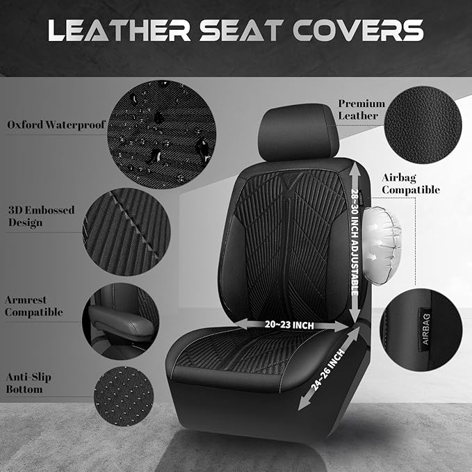 CAR PASS Oxford Leather Car Seat Covers Front 2 Only, Scratch Thick Seat Covers Waterproof, Universal Fit for Truck SUV Sedan, Durable All Weather, Emboss Black