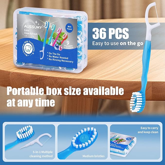 36 Pack Mini Disposable Toothbrushes – 5-in-1 Prepasted Travel Toothbrush with Toothpaste Floss & Pick for Hotel Camping Flight & Car & Guest Use – Portable Essentials for Women Men Kids