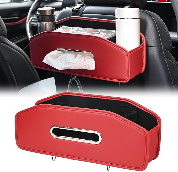 JEYODA Car Seat Back Organizer with 2 Drink Cup Holder,Car Tissue Holder and Storage Box Hook, 3 in 1 Multifunctional Storage for Food Drink Phone, Travel Accessories (red)